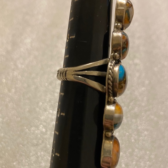 Dramatic 5 Stone Sterling Ring - Orange Spiny - Kingman - Size 9 - Picture 8 of 15